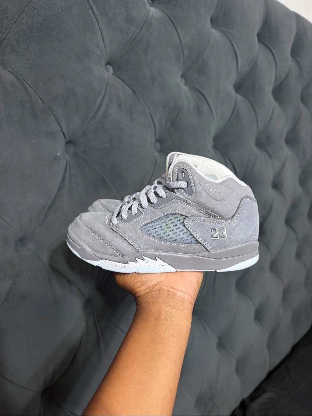 Wolf Grey Jordan 5’s High-Top Sneakers - Stylish Everyday Comfort
